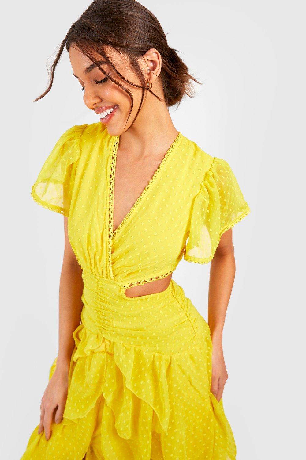 Bright yellow wrap store dress